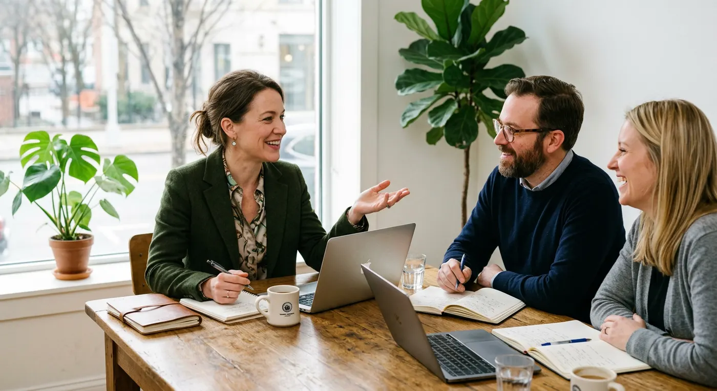 A small business owner meeting a client in a glass conference room