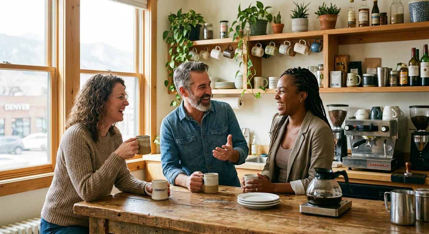 Neighbors chatting over coffee in a bright shared kitchen