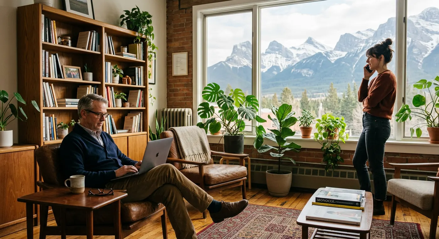 Two tenants talking in a cozy lounge with leather chairs