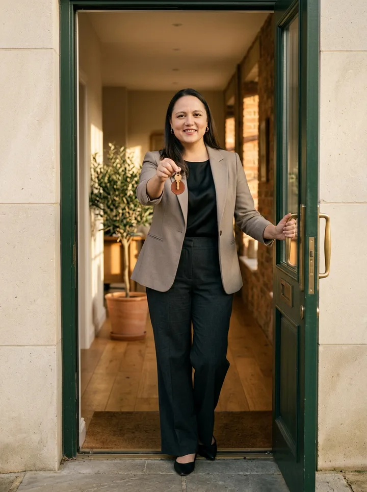 Mary Ward standing in the open green front door, holding out a key