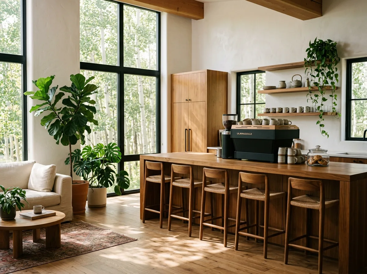 A shared kitchen with wood cabinets, coffee and big windows