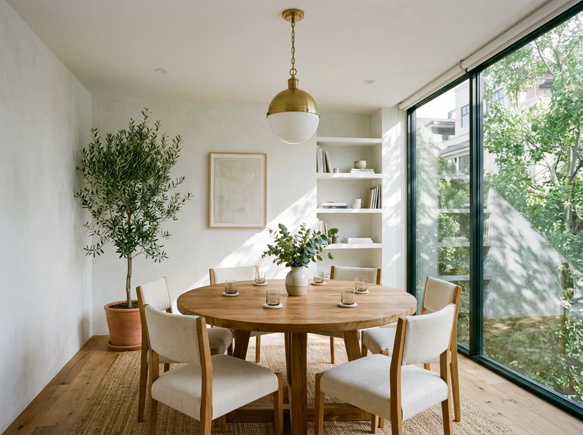 A bright meeting room with a round wood table