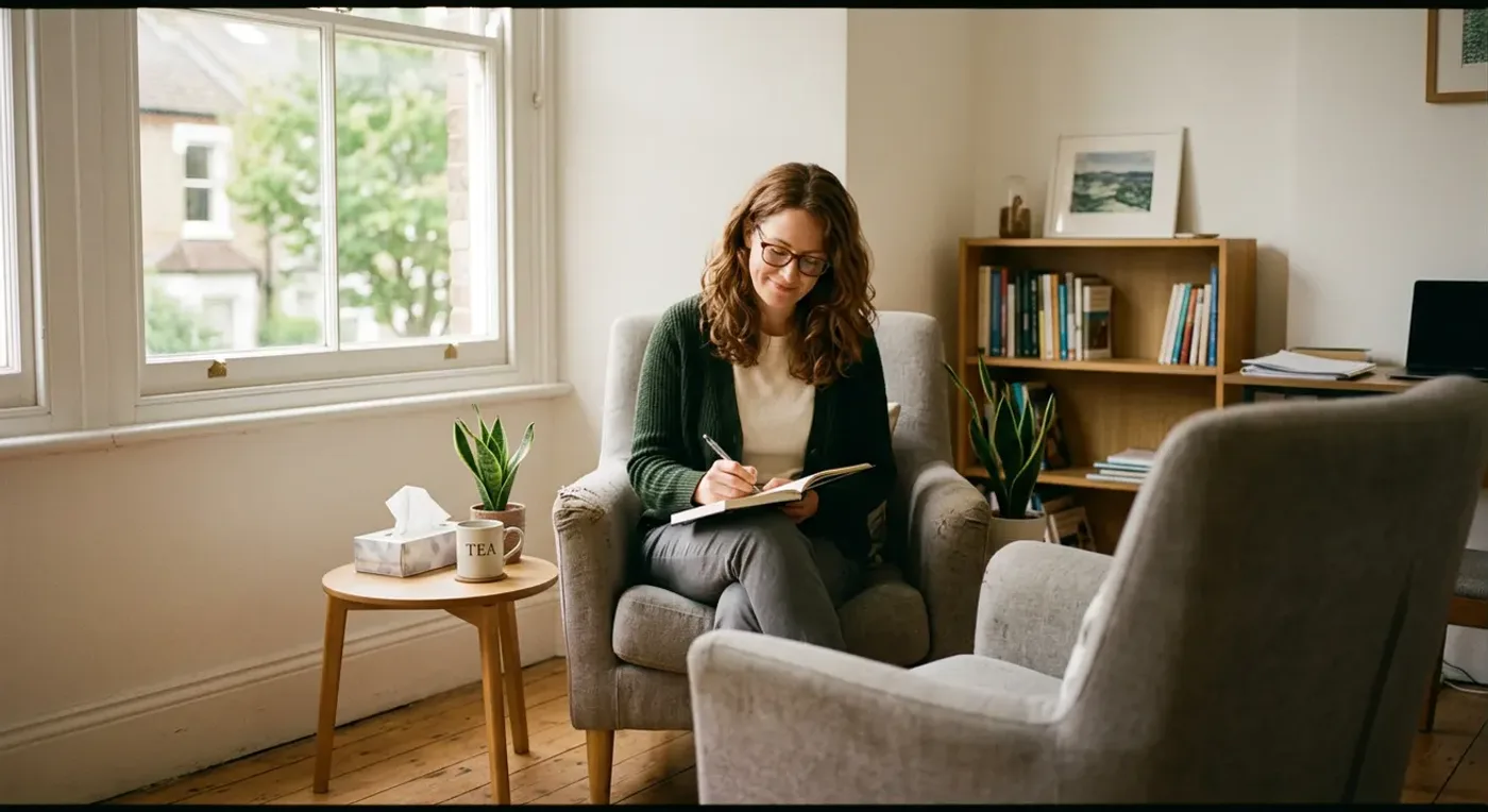 A therapist writing notes in a small office with two chairs and a big window