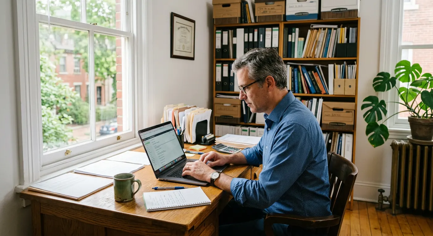 An accountant working at a wooden desk by a large window