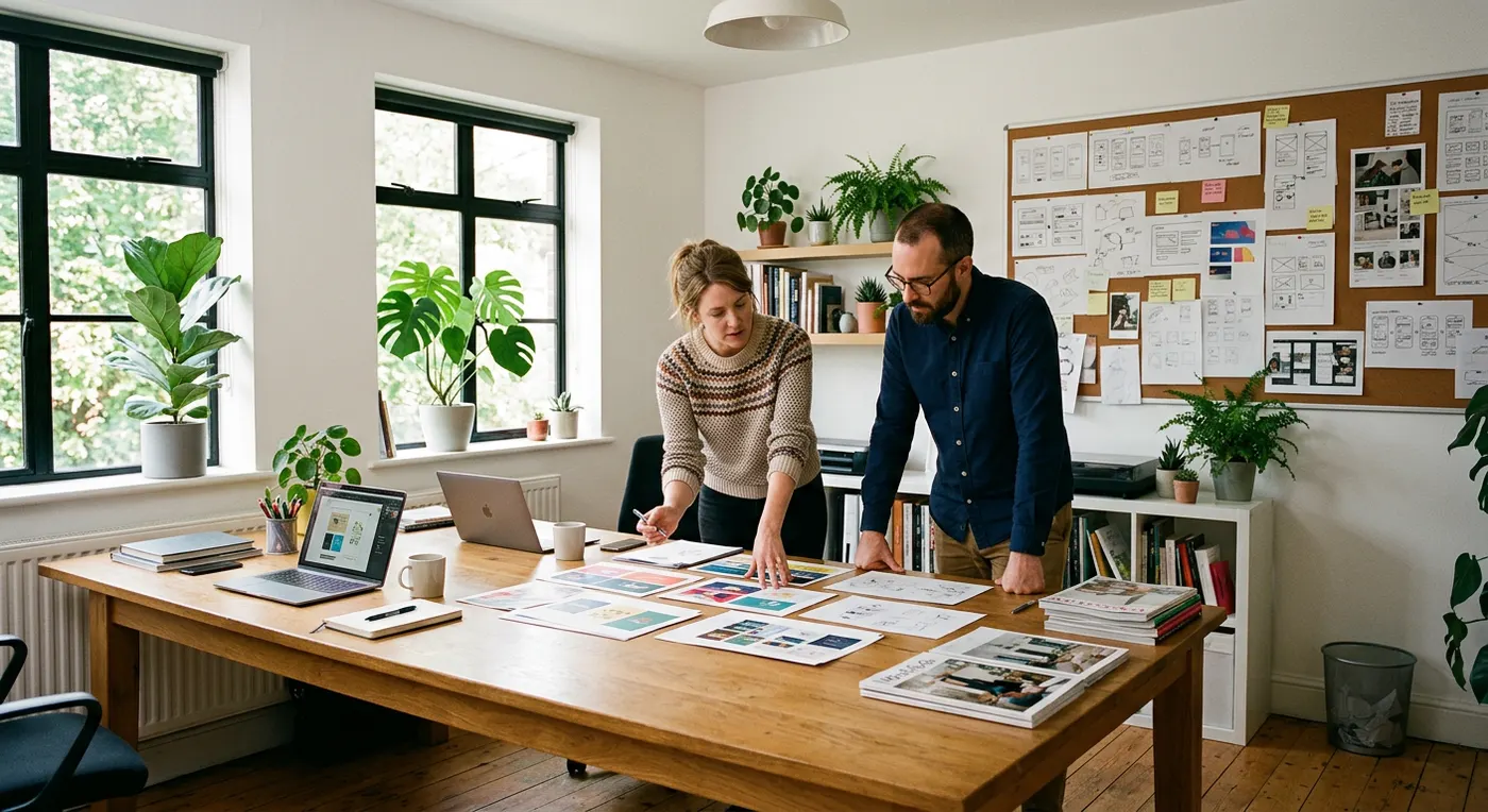Two business partners looking at printed layouts in a bright office