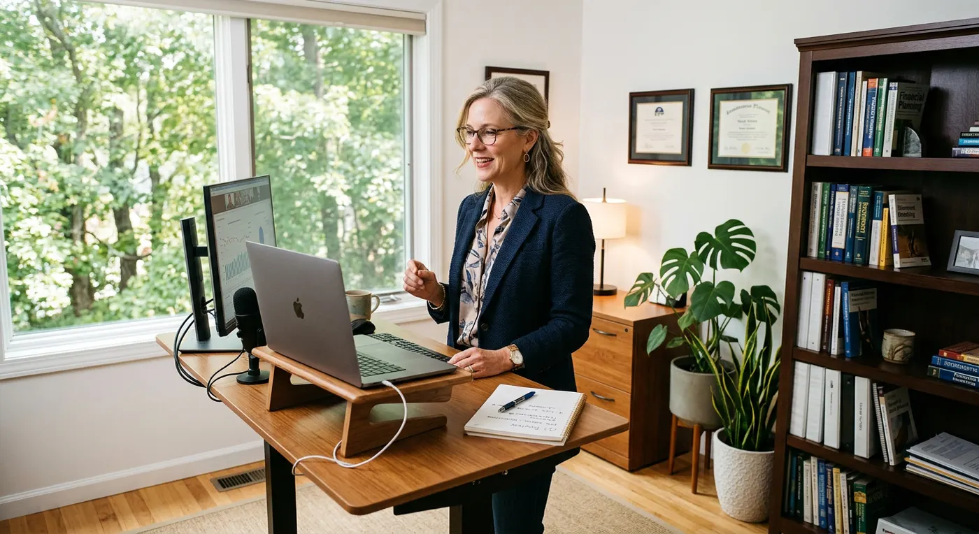A financial planner on a video call at a standing desk by a window