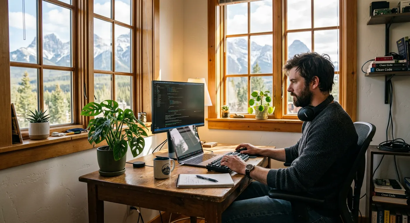 A developer working on a laptop in a corner office with mountain views