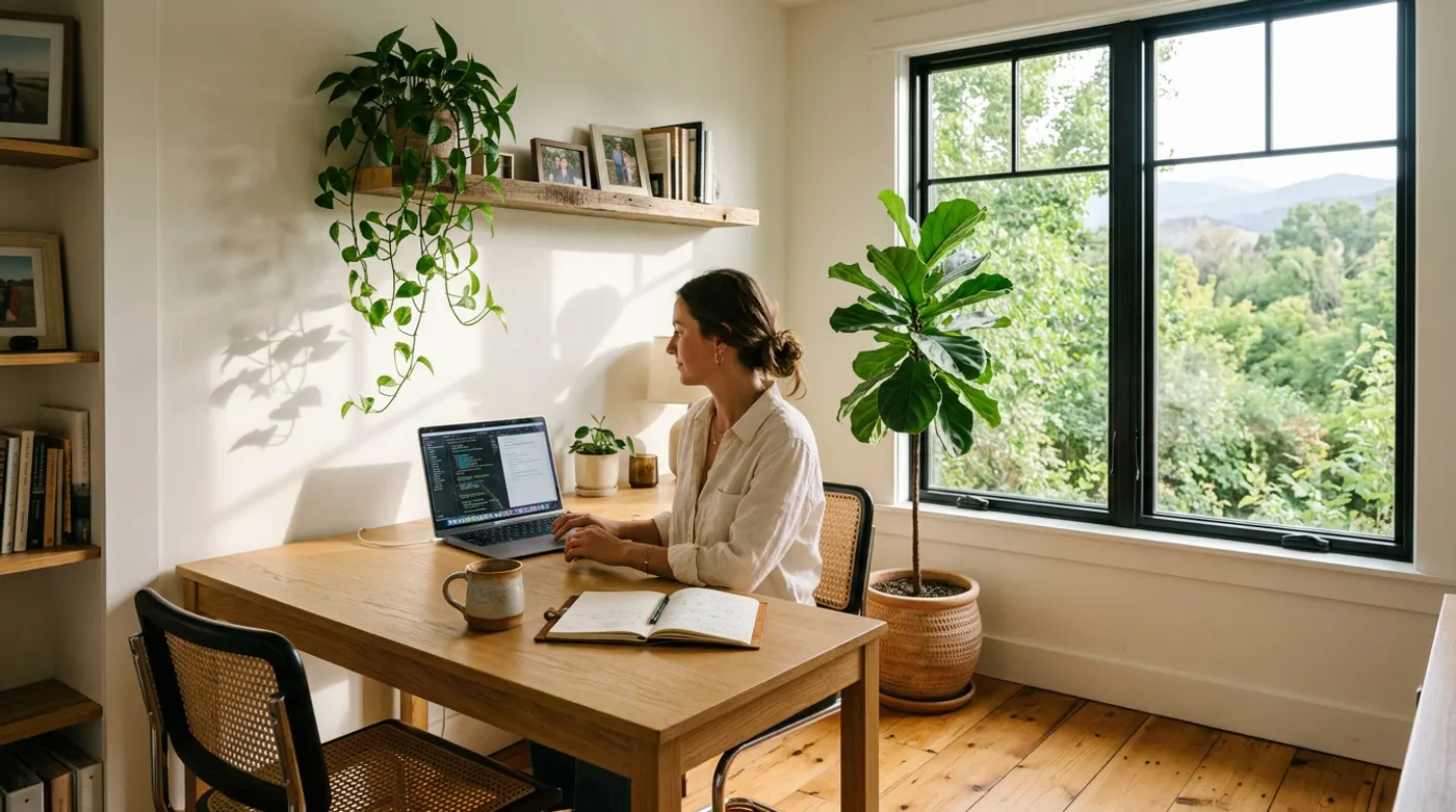A sunny private office with a wood desk and plants