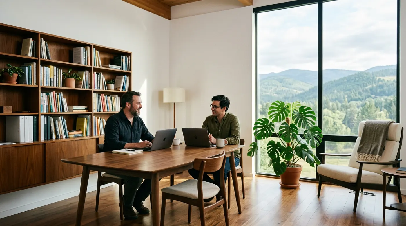 Two business partners talking across a walnut table by a tall window